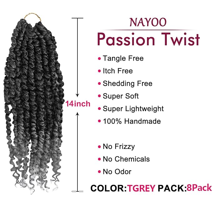 NAYOO Passion Twist Hair - 8 Packs 14 Inch Passion Twist Crochet Hair For Women, Crochet Pretwisted Curly Hair Passion Twists Synthetic Braiding Hair Extensions(14 Inch 8 Packs, TGREY)