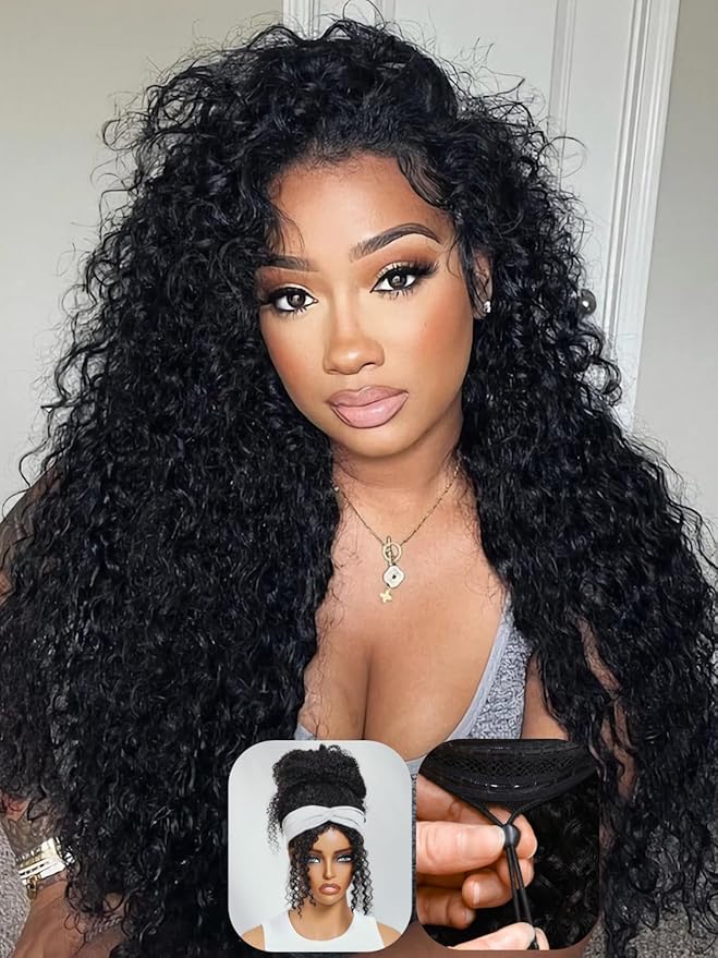 Julia Hair Glueless Half Drawstring Wig Human Hair Water Wave Blend Secure Wear and Go 12A Clip in Half Wig Wear with or Without Headband Wigs Human Hair for Women Beginner Friendly 22 Inch