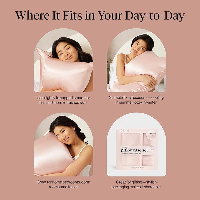 Kitsch Satin Pillowcase with Zipper for Hair & Skin, Softer Than Silk Pillow Cases Queen, Wrinkle-Free, Smooth and Cooling Satin Pillow Covers, Standard Size 19"x26" - Blush, 2pcs