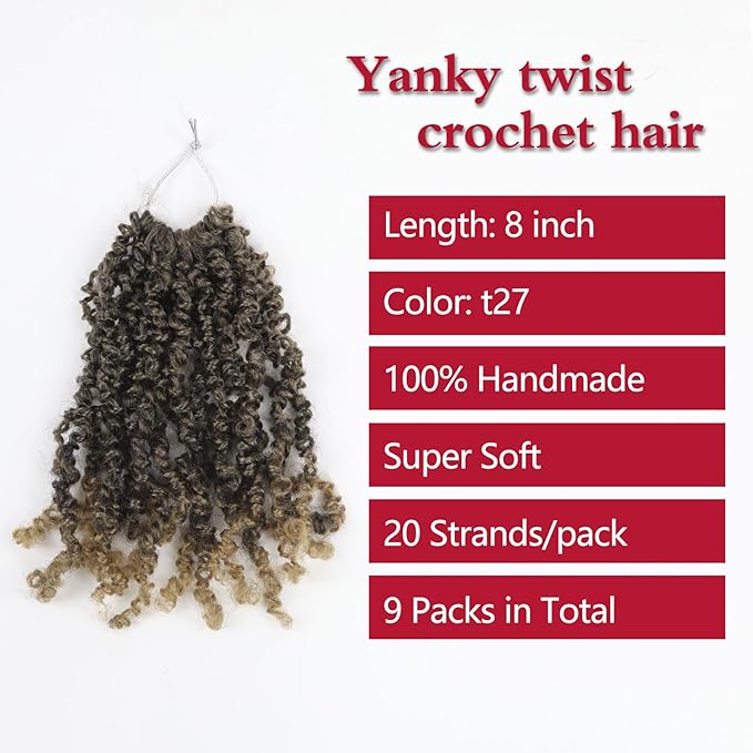 Yanky Twist Crochet Hair, PILLUGER Yaki Twists Hair Micro Spring Twist Braids,9 Packs Pre-looped passion Twist Brown Senegalese With Curls Crochet Synthetic Hair Extensions(T27)