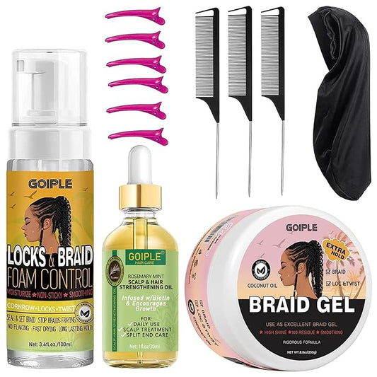 Extra Hold Styling Gel and Mousse for Braids, Twists, Locs, Cornrows - Frizz Taming, Smoothing & Edge Control with Rosemary Hair Growth Oil (Bonus: Hair Combs, Bonnet, Clips)