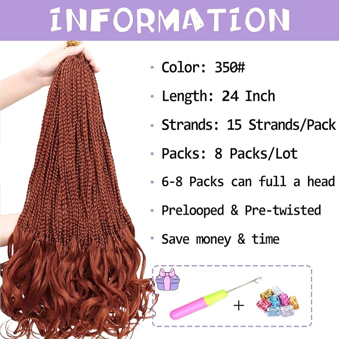 French Curl Crochet Braids 24 Inch 8 Packs Goddess Box Braids Crochet Hair for Women Ginger Pre Looped Crochet Box Braid with Curly Ends Synthetic French Curly Braiding Hair Extensions (350#)