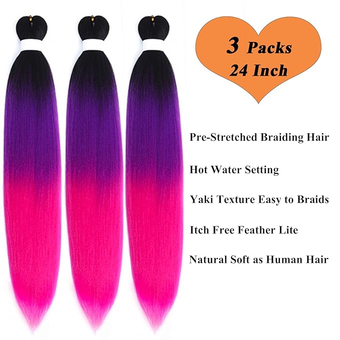 Pre Stretched Braiding Hair Black Purple Pink Ombre Braiding Hair Pre Stretched Prestretched 24 inch 3 pack Kids Micro Synthetic Colored Hair Extensions for Braids Crochet Hair