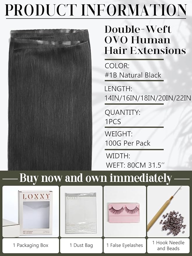 LOXXY OVO Butterfly Weft Hair Extensions Real Human Hair - 18 Inch 100g Invisible Natural Black - Double Weft Bead in Hair Extensions, PU Hole Twin Tab Width 31.5"(80cm)
