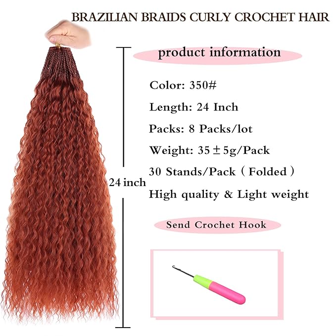 Xtrend Ginger Pre Looped Micro Brazilian Kinky Curly Crochet Hair 8 Packs 24 Inch Micro Curly Braiding Hair Extensions Synthetic Deep Wave For Mini Senegalese Twist Hair For Boho(30 Strands/Pack，350#)
