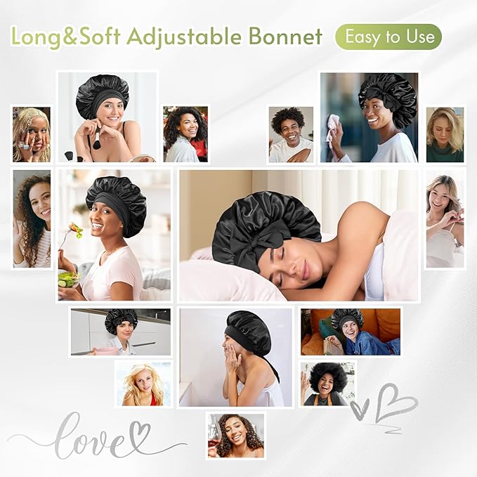 BONNET QUEEN Silk Bonnet for Sleeping Women Satin Bonnet Night Sleep Cap Wrap for Curly Hair with Adjustable Tie Band, Single Layer, Black+Rose Gold