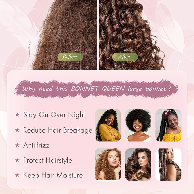 BONNET QUEEN Large Satin Bonnet Silk Bonnet for Sleeping Women Hair Bonnet Big Bonnet Night Sleep Cap Scarf Wrap for Curly Hair with Tie Band Rose Gold