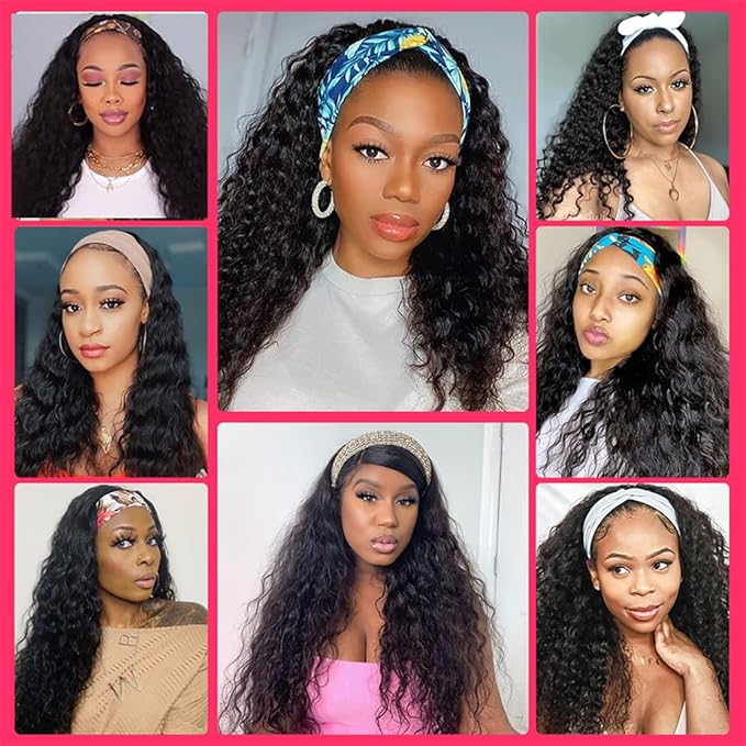 Aiterina 26 Inch Headband Wig Human Hair Deep Wave Headband Wigs for Black Women Virgin Human Hair Headband Wig Glueless Curly Headband Wig Human Hair Natural Color