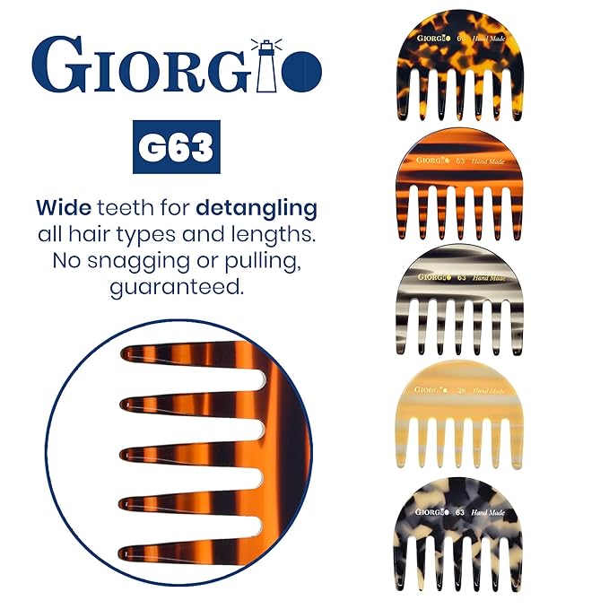 Giorgio G63 Wide Tooth Comb - Detangling, Pocket and Travel Comb for Thick Hair, Hair Detangler for Wet and Dry Everyday Care. Handmade, Saw-Cut, and Polished
