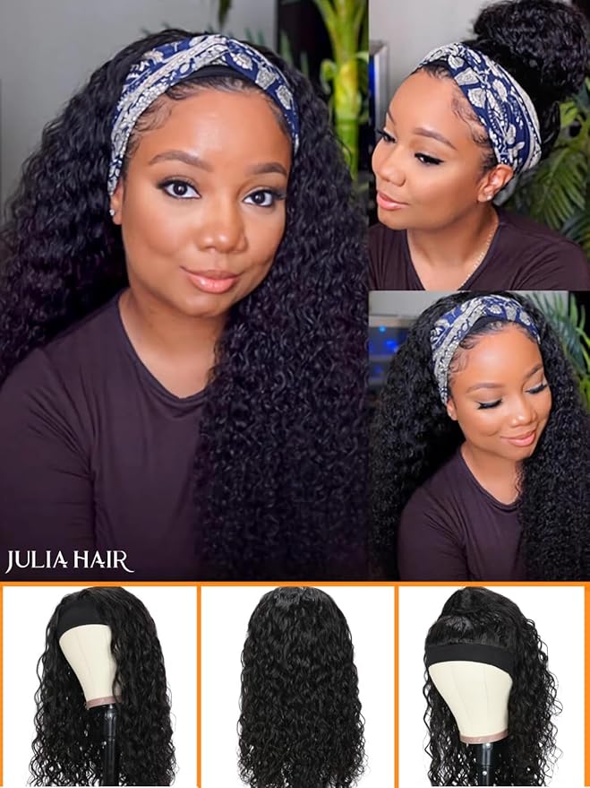 Julia Hair 12A Headband Human Hair Wigs Water Wave None Lace Front Glueless Wig With Pre-attached Scarf for Black Women Curly Deep Wave Put and Go Wig Natural Beginner-Friendly 26 Inch