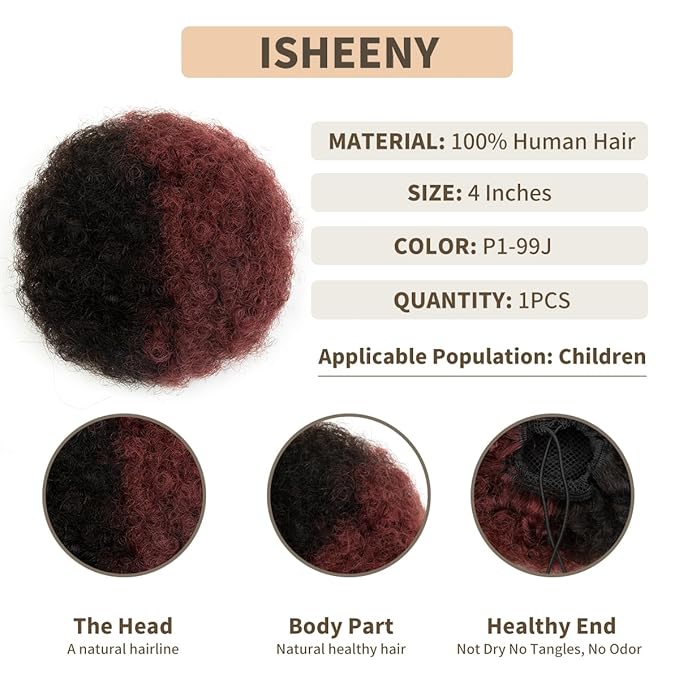 isheeny Small Human Hair Bun For Black Women, 100% Human Hair Bun Small Drawstring Ponytail P1-99j For Little Girls, Curly Fake Hair Bun Natural, Soft, And Durable For Repeated Use