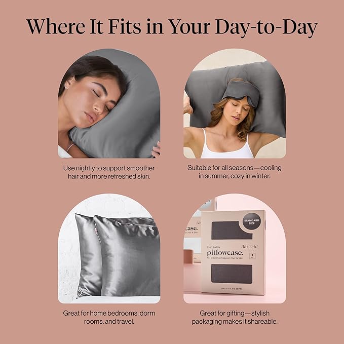 Kitsch Satin Pillowcase with Zipper for Hair & Skin, Softer Than Silk Pillow Cases Queen, Wrinkle-Free, Smooth and Cooling Satin Pillow Covers, Standard Size 19"x26" - Charcoal