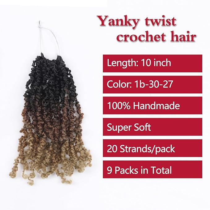 Yanky Twist Crochet Hair, PILLUGER Yaki Twists Hair Micro Spring Twist Braids,9 Packs Pre-looped passion Twist Brown Senegalese With Curls Crochet Synthetic Hair Extensions(1B/30/27)