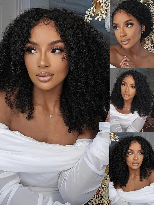 Julia Hair Afro Kinky Curly Half Wigs Human Hair 4C Blend Edges Hairline with Drawstring 3 In 1 Flip Over Clip in Glueless Beginner Friendly Headband Curly 3/4 Half Wig for Women 20 Inch