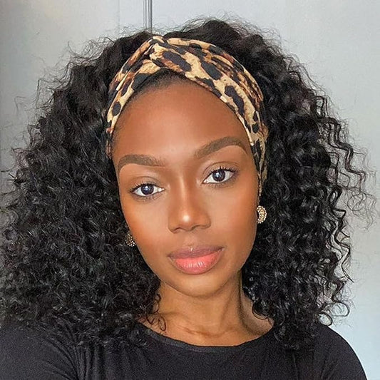 SENSAIRUITE Headband Wig Human Hair 12 Inch Deep Wave Headband Wigs for Black Women 180% Density Wear and Go Glueless Curly Wig Natural Color