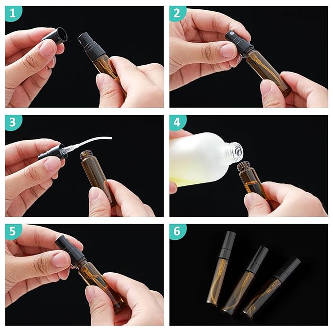 Zhehao 100 Pcs Mini Spray Bottles 5 ml Clear Glass Perfume Bottles Refillable Fine Mist Perfume Atomizer Portable Empty Sample Containers for Cleaning, Essential Oils, Travel (Amber)
