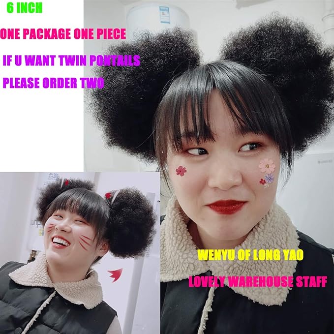 WENYU Afro Puff Drawstring Ponytail Human Hair Bun For Black Women 8A Brazilian Virgin Afro Kinky Curly Clip In Ponytail Extension Human Hair Pieces Natural Color (6 Inch, Drawstring Ponytail)