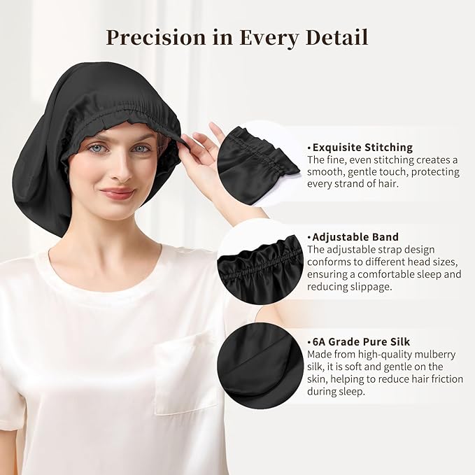 THXSILK 100% Mulberry Silk Bonnet for Sleeping Women, Silk Bonnet with Elastic Band, Hair Wrap Cap for Women Curly Hair, Black