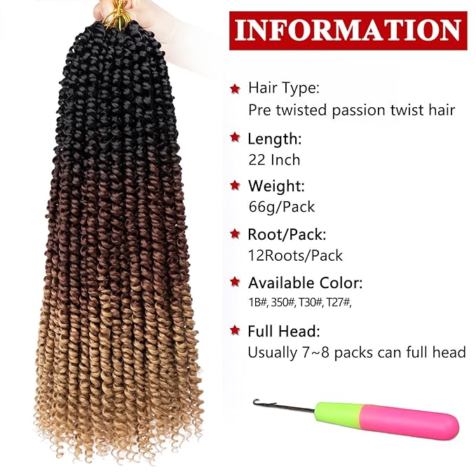 Xtrend 8packs 22inch Pre-twisted Passion Twist Hair Natural Black Pre-looped Passion Twists Crochet Braids Synthetic Hair Extensions Crochet Hair For Women (8packs, 53#)