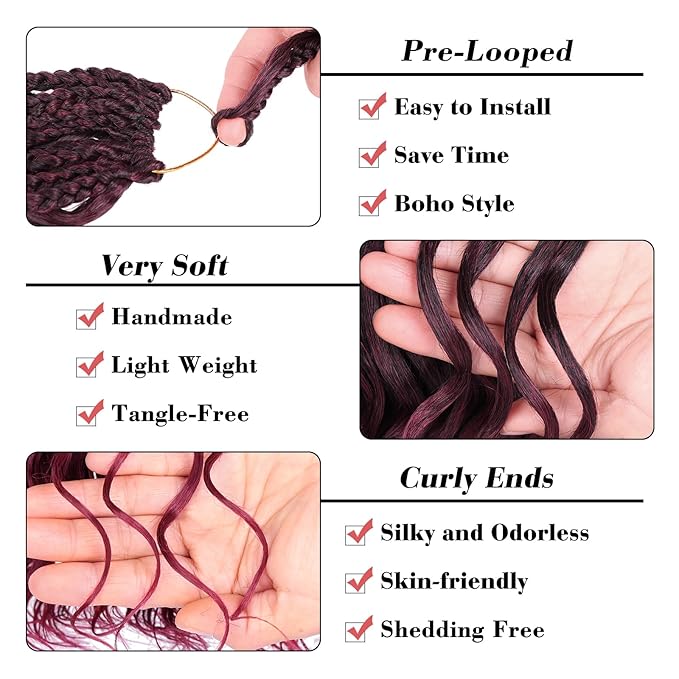 Leeven 10 Inch Pre Looped Curly Crochet Hair - 8 Packs Ombre Red Boho Ocean Wave - Burgundy Short Ocean Braids - Pre Twisted Synthetic Deep Wavy Crochet Hair for Women
