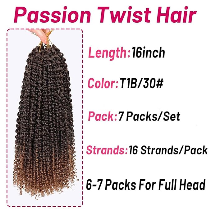 Dorsanee Ombre Brown Passion Twist Hair 16 Inch 7 Packs Water Wave Crochet Hair Long Bohemian Curly Braiding Hair for Butterfly Locs, Faux Locs, Boho Style Spring Twist Crochet Braids (T30#)