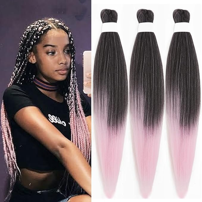 Pre Stretched Braiding Hair Ombre Black Pink Braiding Hair Pre Stretched Colored Hair Extensions for Braiding Box Braids Crochet Hair Pink Weave Prestretched Braiding Hair 26 inch 3 pack