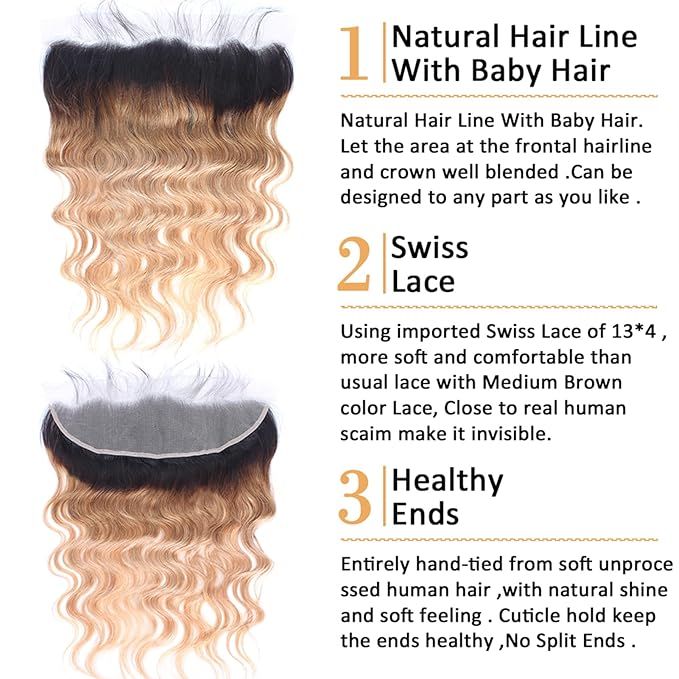 Ombre Body Wave 13x4 Ear to Ear Lace Frontal Closure 100% Unprocessed Brazilian Virgin Human Hair Swiss Lace Frontal Closure 180% Density Remy Brazilian Body Wave Lace Frontals Closures (18 Inch)