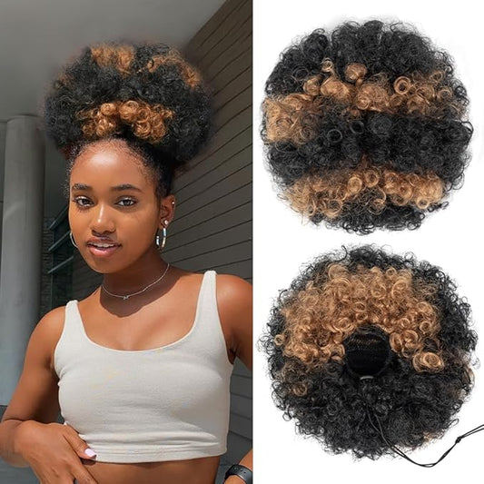 YEAME Afro Puff Drawstring Ponytail for Black Women, Short Kinky Curly Afro Ponytail Synthetic Hair Puffs, Premium Ombre Brown Afro Bun Drawstring Ponytail for Women Girls (1BH630 Ombre Brown)