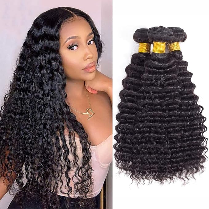 Deep Wave Hair 3 Bundles 9A 100% Unprocessed Virgin Brazilian Remy Human Hair Loose Deep Wave Hair Bundles Human Hair Extensions Natural Black (18 18 18)