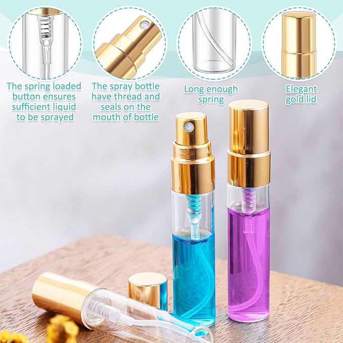 Zhehao 50 Pcs Mini Spray Bottles 5 ml Clear Glass Perfume Bottles Refillable Fine Mist Perfume Atomizer Portable Empty Sample Containers for Cleaning, Essential Oils, Travel (Gold Cap)