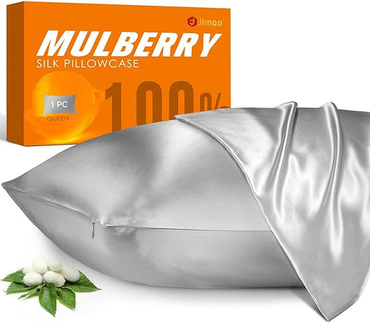 100% Mulberry Silk Pillowcase for Hair and Skin, 22 Momme Pure Natural Silk Pillow Case Both Sided with Zipper, Pillow Cover for Women Mom Men(Silver Grey, Queen 20''×30'', 2 Pack)