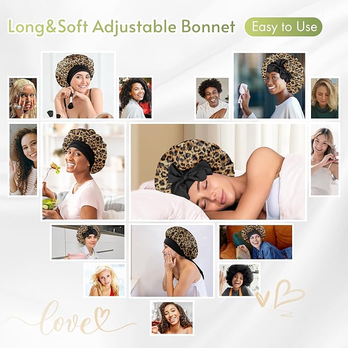 BONNET QUEEN Silk Bonnet for Sleeping Women Satin Bonnet Night Sleep Cap Hair Wrap for All Hair with Adjustable Tie Band,Leopard