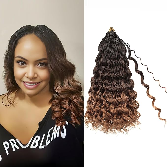 14 Inch 8 Packs Pre Looped Ocean Wave Crochet Hair Boho Ocean Deep Water Wave Beach Curl Braiding Hair Pre Twisted Synthetic Short Wavy Curly Crochet Hair for Women(14inch 1B/4/30)