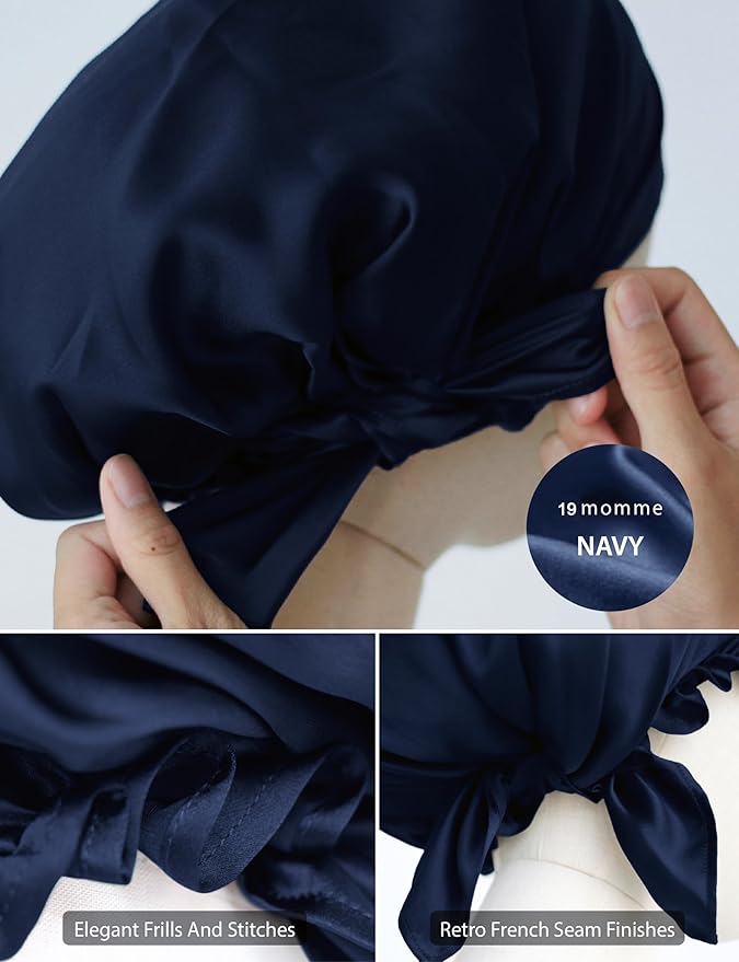 100% Silk Bonnet for Sleeping, Large Silk Sleep Cap with Tie Band for Curly Hair, Navy 19 Momme