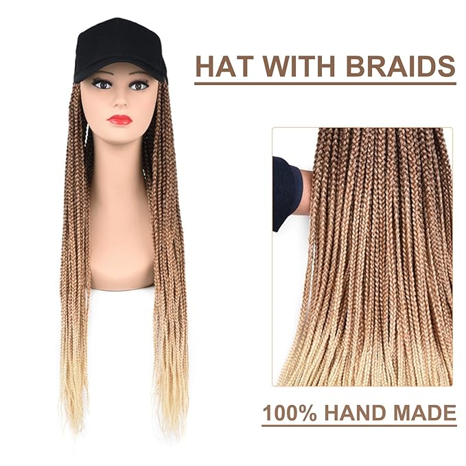 Hat Wig for Women Baseball Cap with Braided Hair Attached 24inch long Synthetic Box Braid Wig Hat Adjustable Cap with ombre brown blonde light blonde Braids for Daily Outdoor Use(B-70)