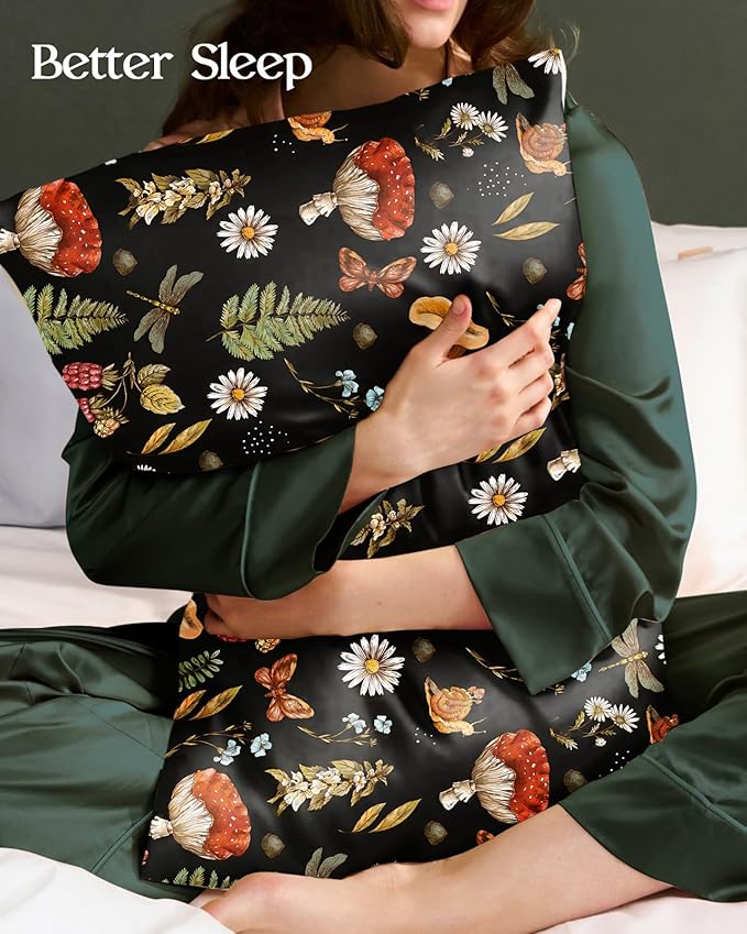 Silk Pillowcase 2 Pack - Cute Pillow Cases 20" x 26" Standard Size Set of 2 for Hair and Skin Smooth Soft Breathable with Hidden Zipper Cooling Pillow Covers for Sleeping, Mushroom Plants