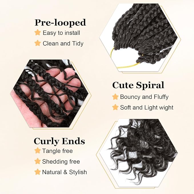 14 Inch Goddess Box Braids Crochet Hair Curly Ends 9 Packs Boho Pre Looped Boho Crochet Box Braids Bohemian Box Braid Crochet Hair For Black Women (14Inch 9Packs,4)