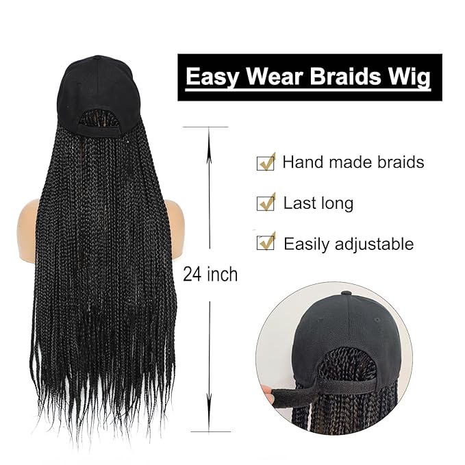 Hat Wig for Women Baseball Cap with Braided Hair Attached Synthetic Black Box Braid Wig Hat Adjustable Cap with Braids for Daily Outdoor Use (B-Black)