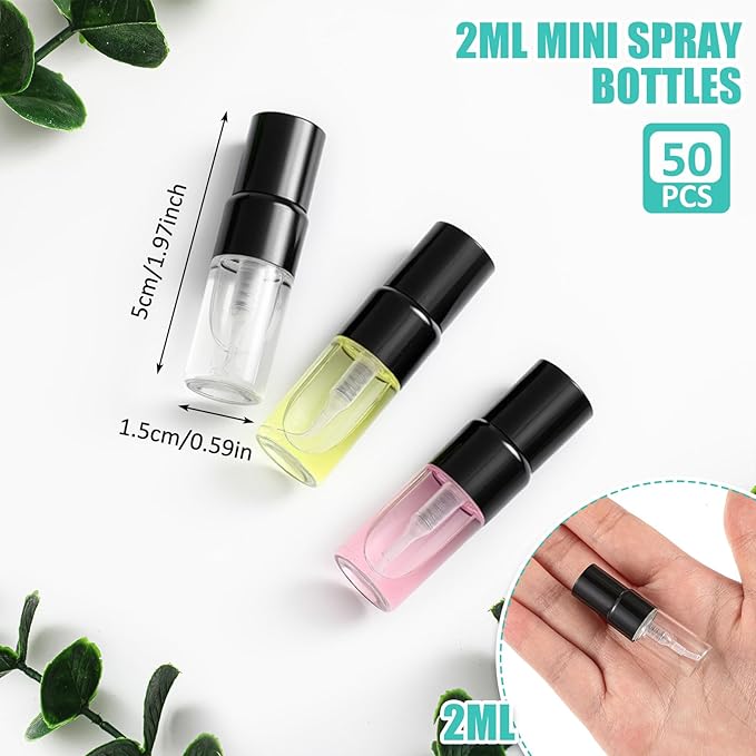 Zhehao 50 Pcs Mini Spray Bottles 2 ml Clear Glass Perfume Bottles Refillable Fine Mist Perfume Atomizer Portable Empty Sample Containers for Cleaning, Essential Oils, Travel (Black Cap)