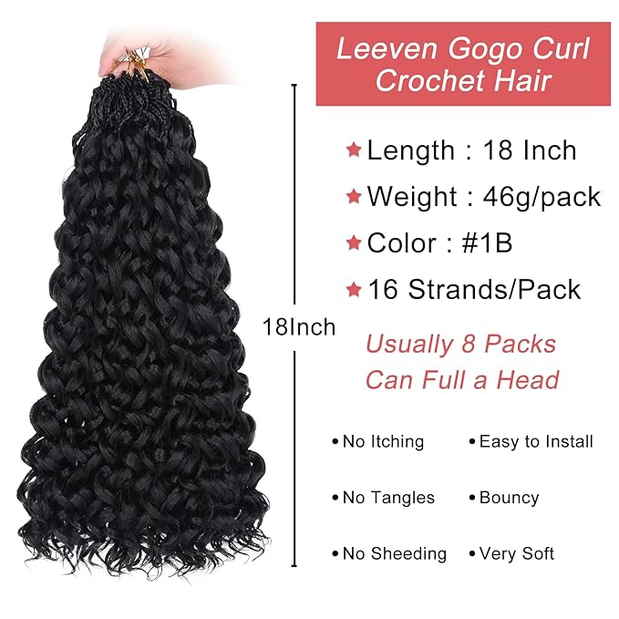 Leeven Gogo Curl Crochet Hair 18 Inch 8 Packs Black Ocean Wave Crochet Hair Pre Looped Deep Twist Goddess Box Braids Curly Water Wave Synthetic Braiding Hair for Women Girl Kids