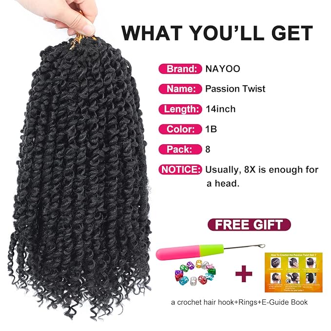 Passion Twist Hair - 8X 14 Inch Passion Twist Crochet Hair For Women, Crochet Pretwisted Curly Hair Passion Twists Synthetic Braiding Hair Extensions (14 Inch, 1B)