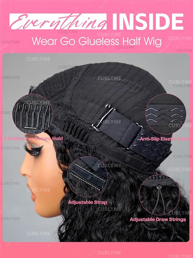 Curlyme Kinky Curly Half Wig Human Hair 3 In 1 Seamless Flip Over Half Wigs Human Hair Glueless Wear and Go Beginner Friendly Kinky Curly Wig Human Hair Drawstring Headband Wig for Women 22 Inch