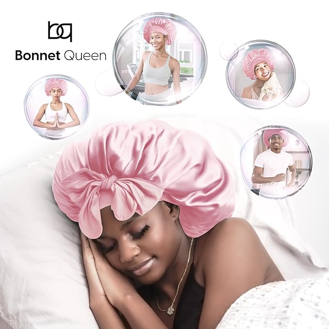 BONNET QUEEN Silk Bonnet for Sleeping Women Big Satin Bonnet Night Sleep Cap Wrap for Curly Hai rwith Adjustable Tie Band, Single Layer, Large, Pink