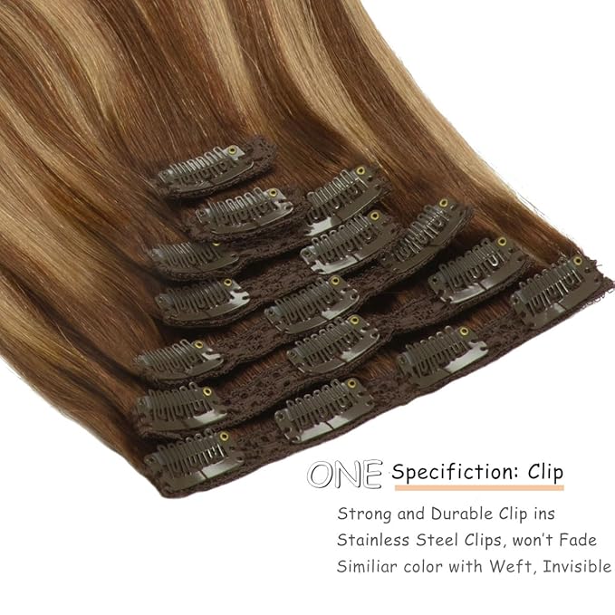 Caliee Clip in Hair Extensions Human Hair R4-4-27 Chocolate Brown Mix Caramel Brown with Brown Roots Thick Soft Remy Hair Extensions Clip in 140 G Lace Weft 22 Inch Long