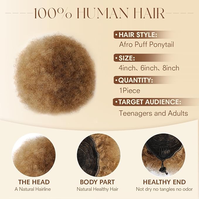 Afro Puff Drawstring Ponytail Extension Brazilian Virgin Human Hair Half Medium Brown Half Light Blonde 4 Inch Durable Natural Soft and Smooth Natural Ponytails for Black Women