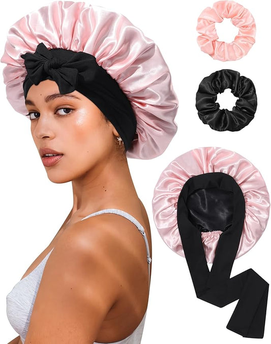 Reversible Satin Bonnet for Sleeping Women Double Layer Hair Bonnet with 2PCS Hair Scrunchies Elastic Tie Band Night Cap