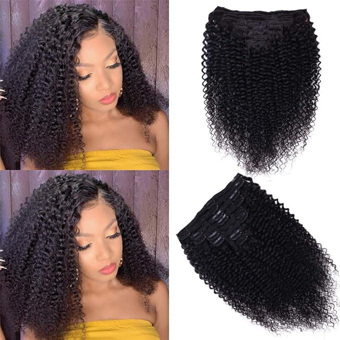 Curly Clip In Extension Human Hair 3C 4A Kinky Curly Clip Ins Full Head for Black Women Brazilian Remy Human Hair Natural Color 8Pcs with18clips 120g/Set (16 inch, curly wave)