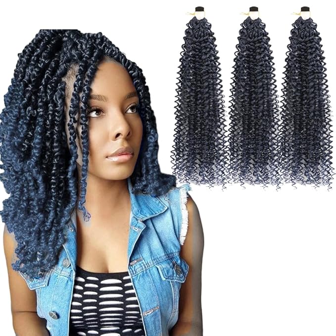 Passion Twist Hair Extensions Black to Dark Blue Curly Crochet Hair 12 Inch Short Curly Braiding Hair 3 Packs Ombre Crochet Braids with Curls for Black Women(12",1B Dark Blue)