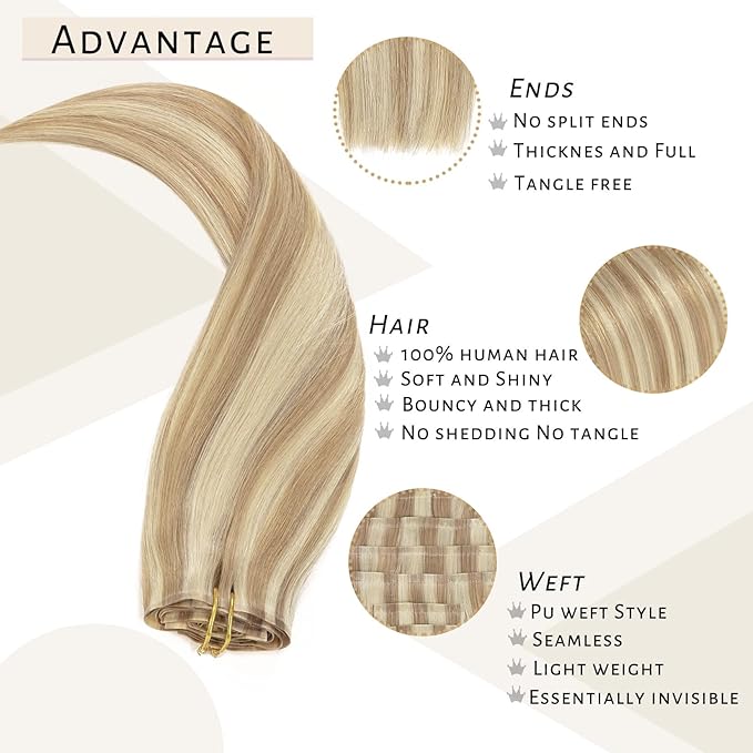 Caliee 22Inch Blonde Clip in Hair Extensions 7Pcs Invisible Seamless Human Hair Clip ins P8-60A Light Brown with Platinum Blonde Straight Natural Hair Remy Clip in Hair Extensions for Women 110G