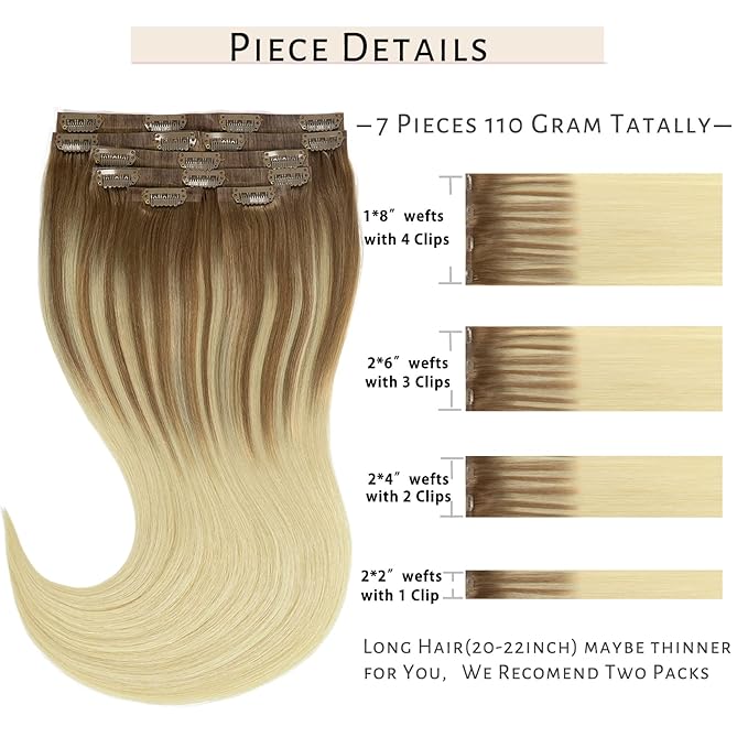Caliee PU Clip in Hair Extensions Real Human Hair 22Inch Soft Thick Straight Clip in Hair Extensions Human Hair B8/60A Light Brown to Platinum Blonde Remy Human Hair Clip in Hair Extensions 110G